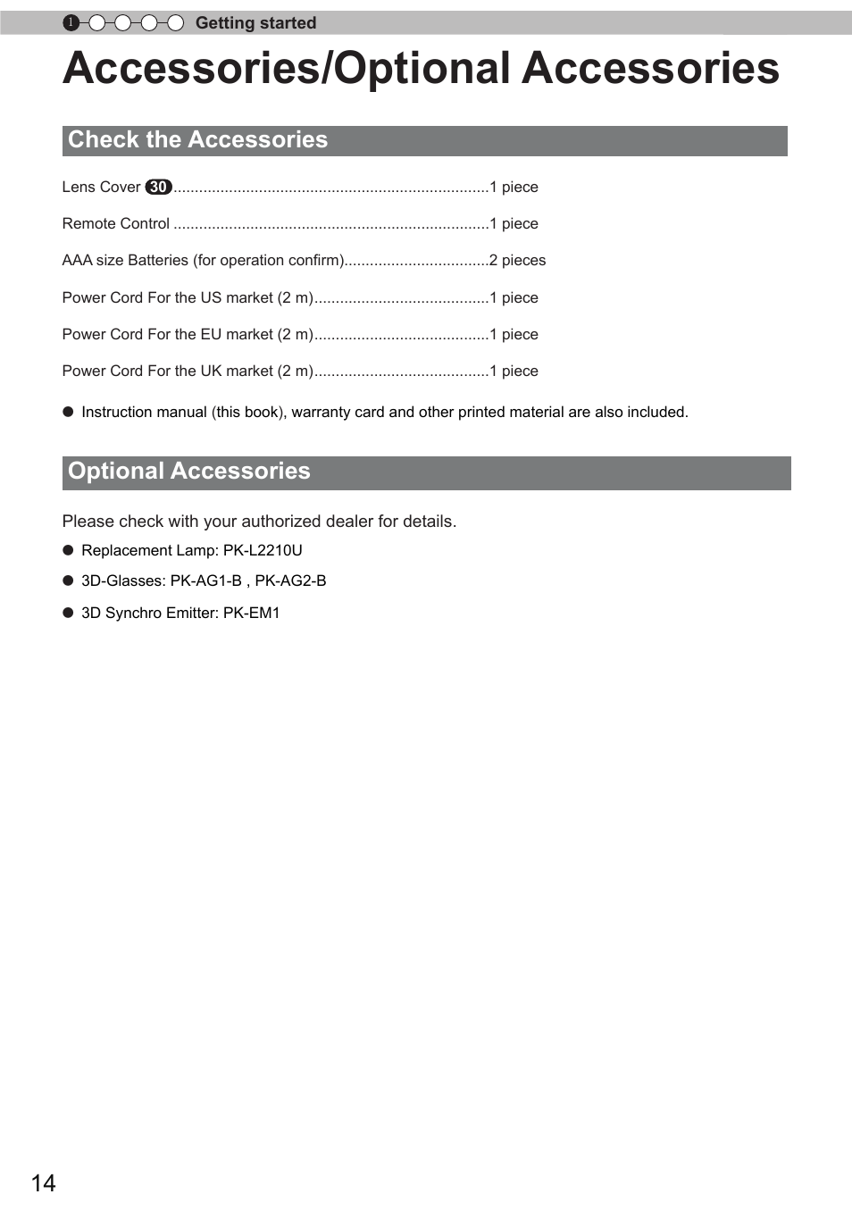 Accessories/optional accessories, Check the accessories, Optional accessories | JVC DLA-X90 User Manual | Page 14 / 288