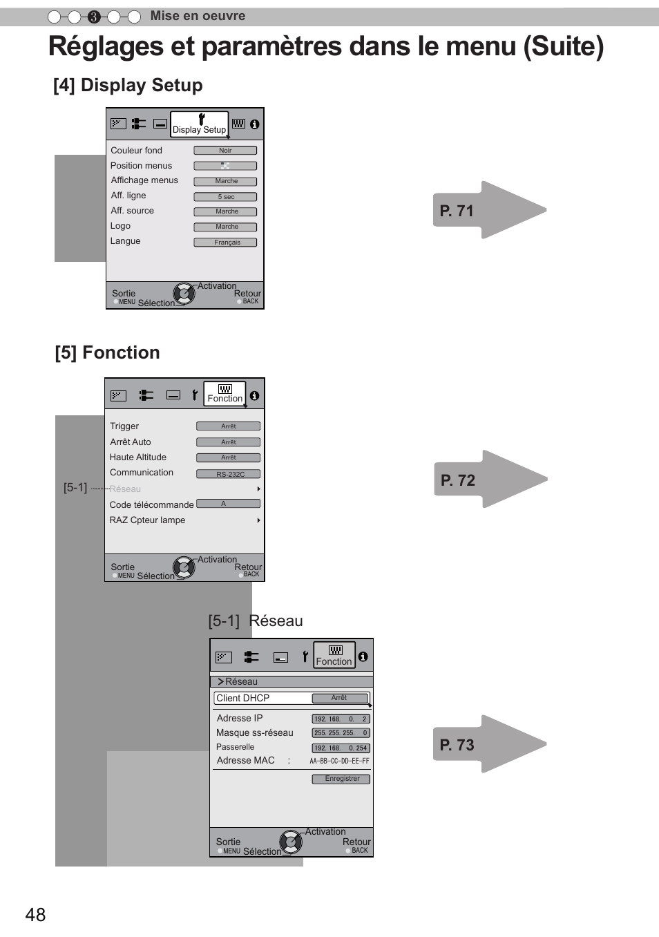 Réglages et paramètres dans le menu (suite), 4] display setup [5] fonction, 1] réseau | Mise en oeuvre 3 | JVC DLA-X90 User Manual | Page 144 / 288
