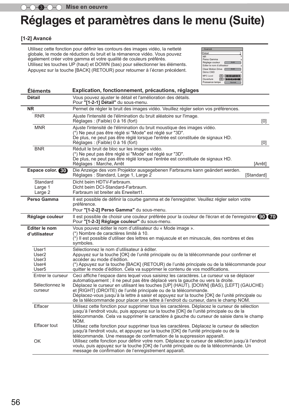 Réglages et paramètres dans le menu (suite), Mise en oeuvre 3 | JVC DLA-X90 User Manual | Page 152 / 288