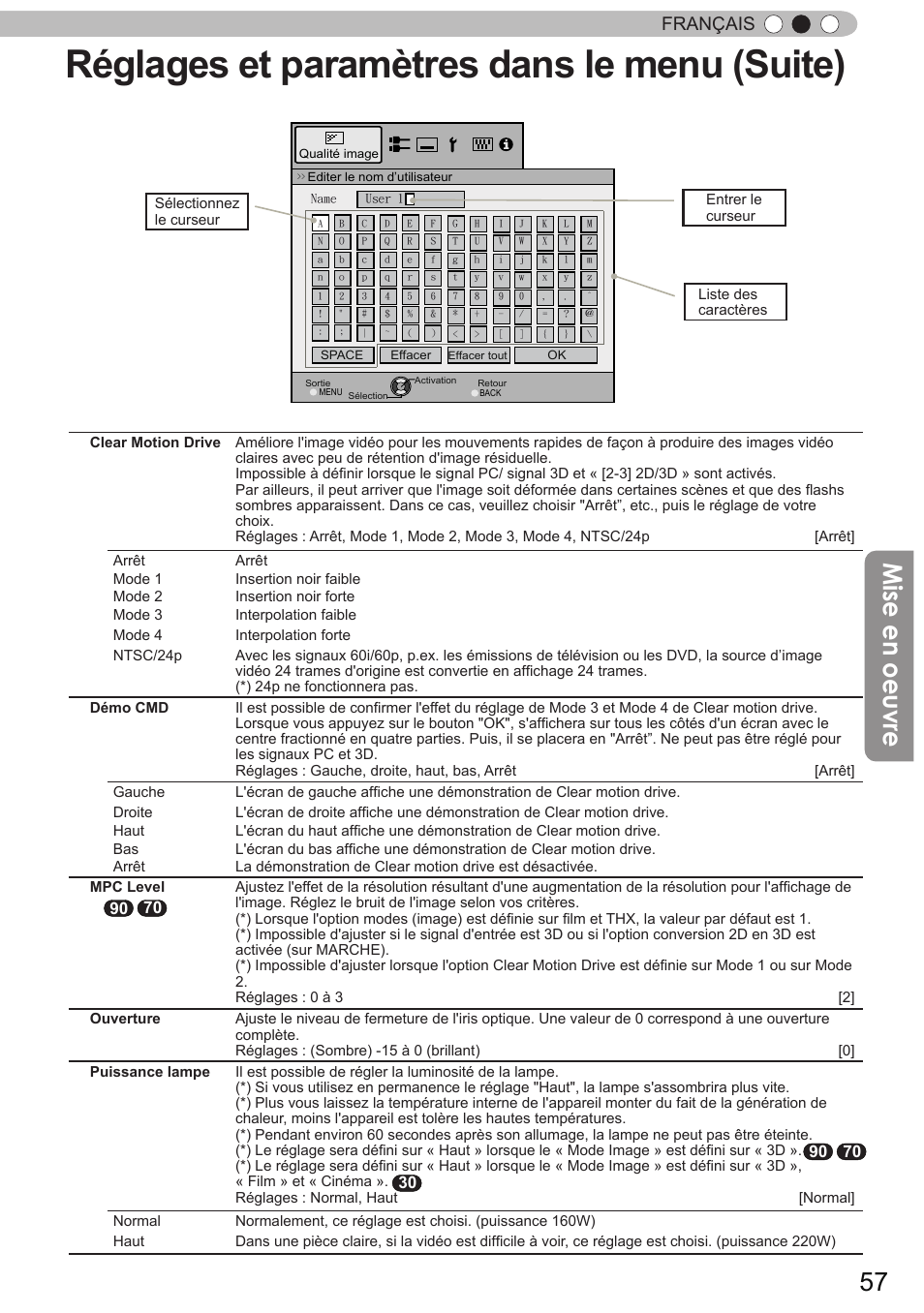 Réglages et paramètres dans le menu (suite), Mise en oeuvre, Français | JVC DLA-X90 User Manual | Page 153 / 288