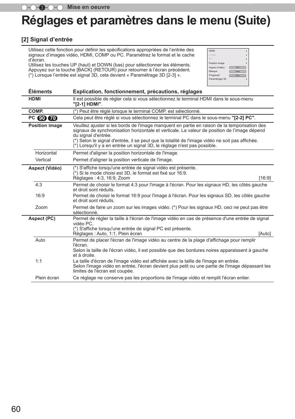Réglages et paramètres dans le menu (suite), Mise en oeuvre 3, 2] signal d’entrée | JVC DLA-X90 User Manual | Page 156 / 288