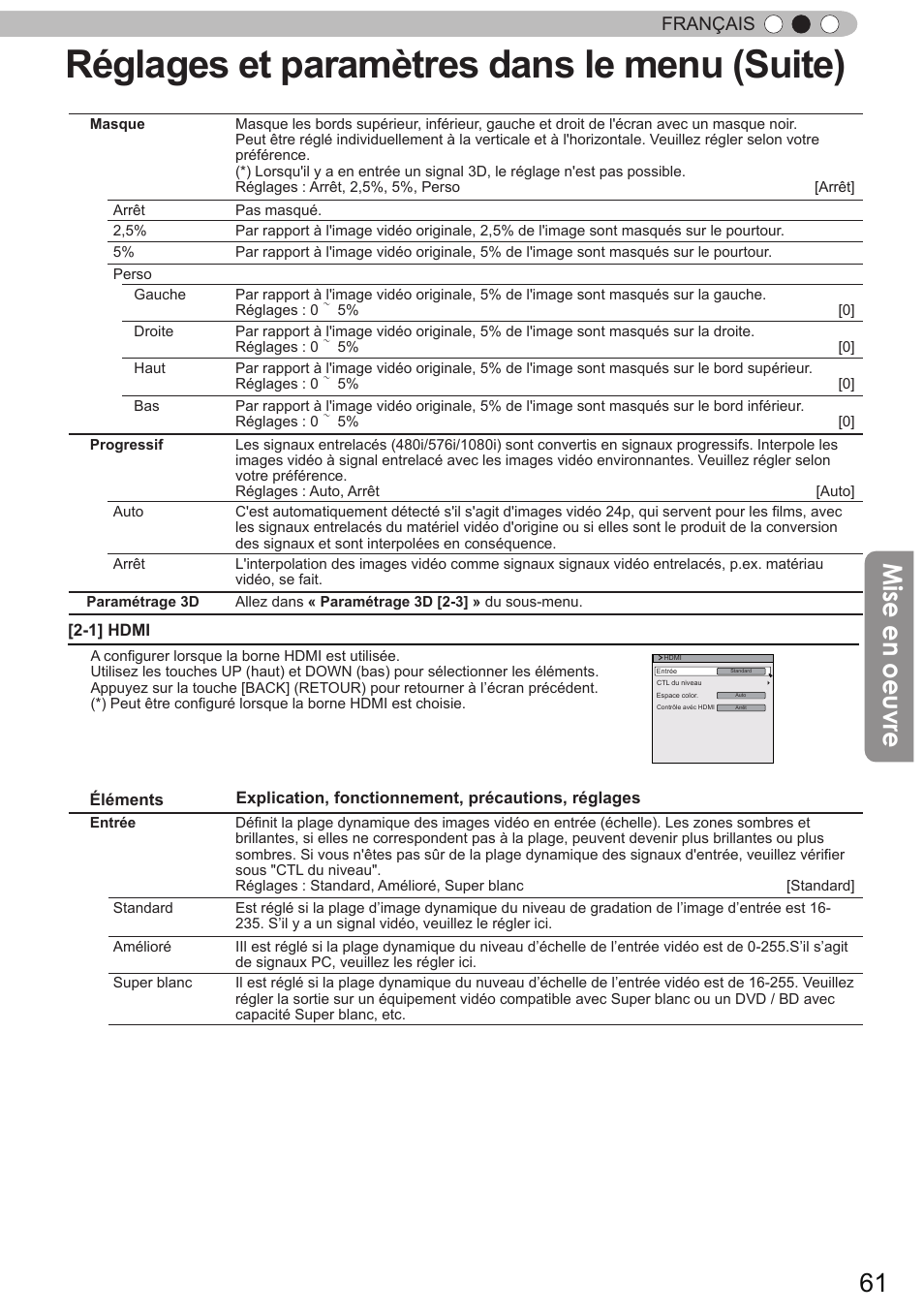 Réglages et paramètres dans le menu (suite), Mise en oeuvre, Français | JVC DLA-X90 User Manual | Page 157 / 288