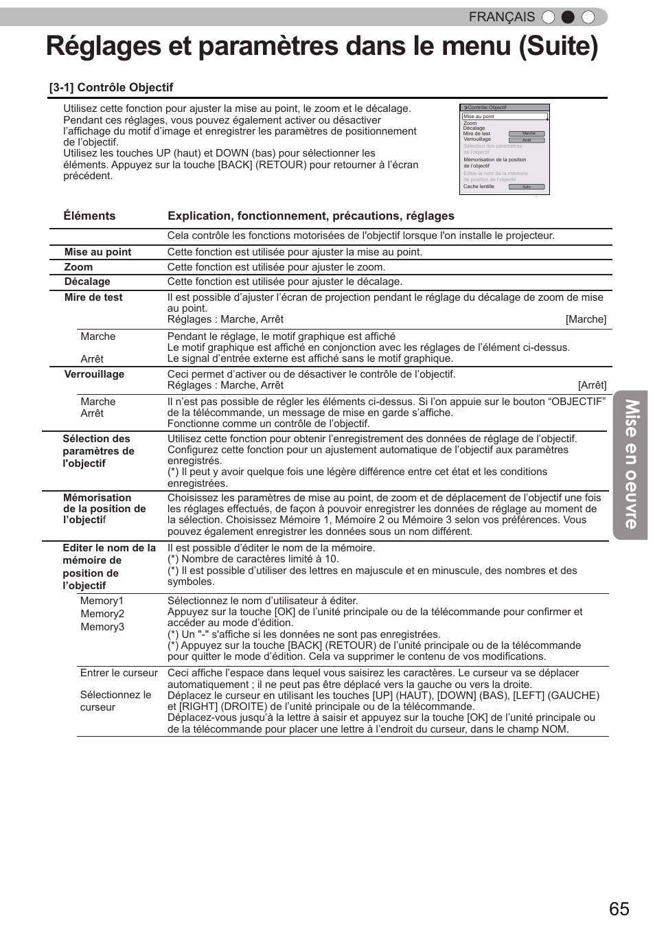 Réglages et paramètres dans le menu (suite), Mise en oeuvre, Français | JVC DLA-X90 User Manual | Page 161 / 288