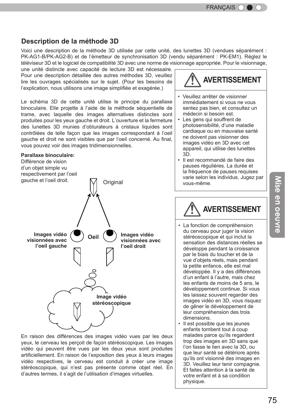 Mise en oeuvre, Avertissement, Description de la méthode 3d 立体映像 | JVC DLA-X90 User Manual | Page 171 / 288