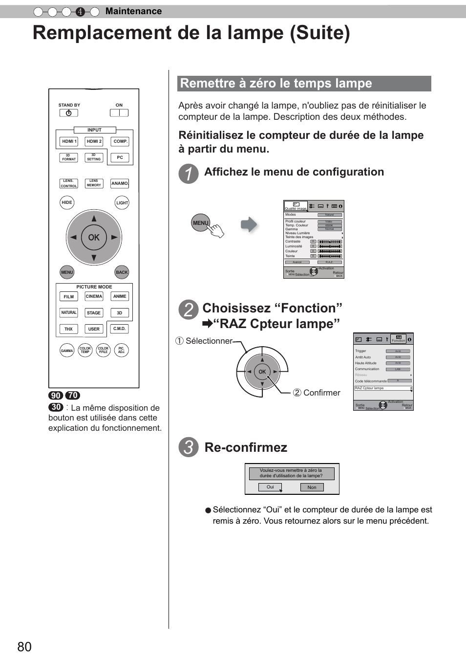 Remplacement de la lampe (suite), Remettre à zéro le temps lampe, Choisissez “fonction” “raz cpteur lampe | Re-confirmez, Affichez le menu de configuration, Maintenance 4 | JVC DLA-X90 User Manual | Page 176 / 288