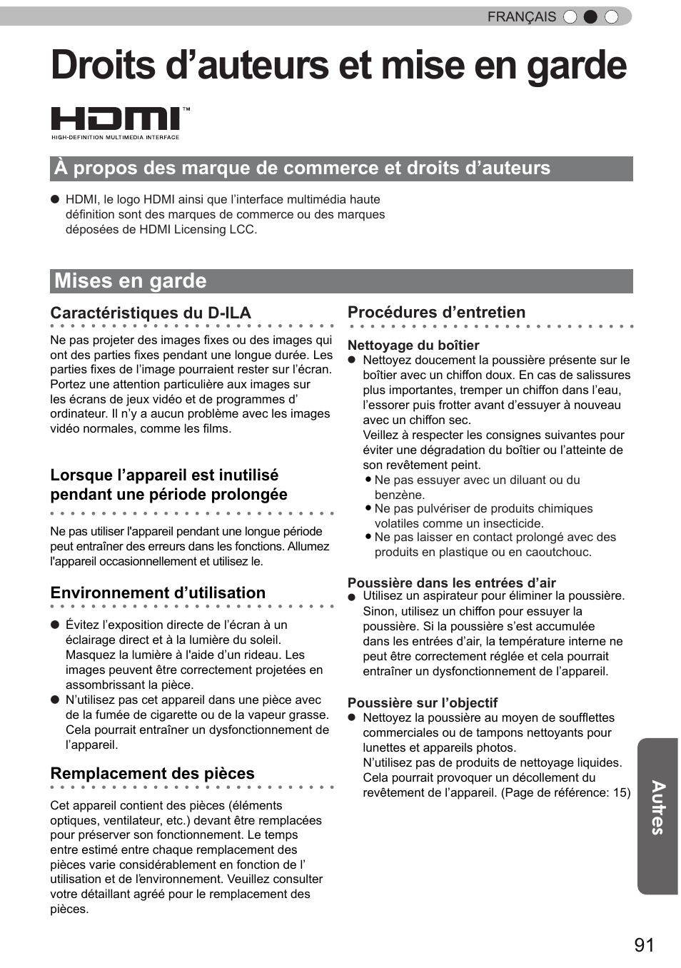 Droits d’auteurs et mise en garde, Mises en garde, Autres | Caractéristiques du d-ila, Environnement d’utilisation, Remplacement des pièces, Procédures d’entretien | JVC DLA-X90 User Manual | Page 187 / 288