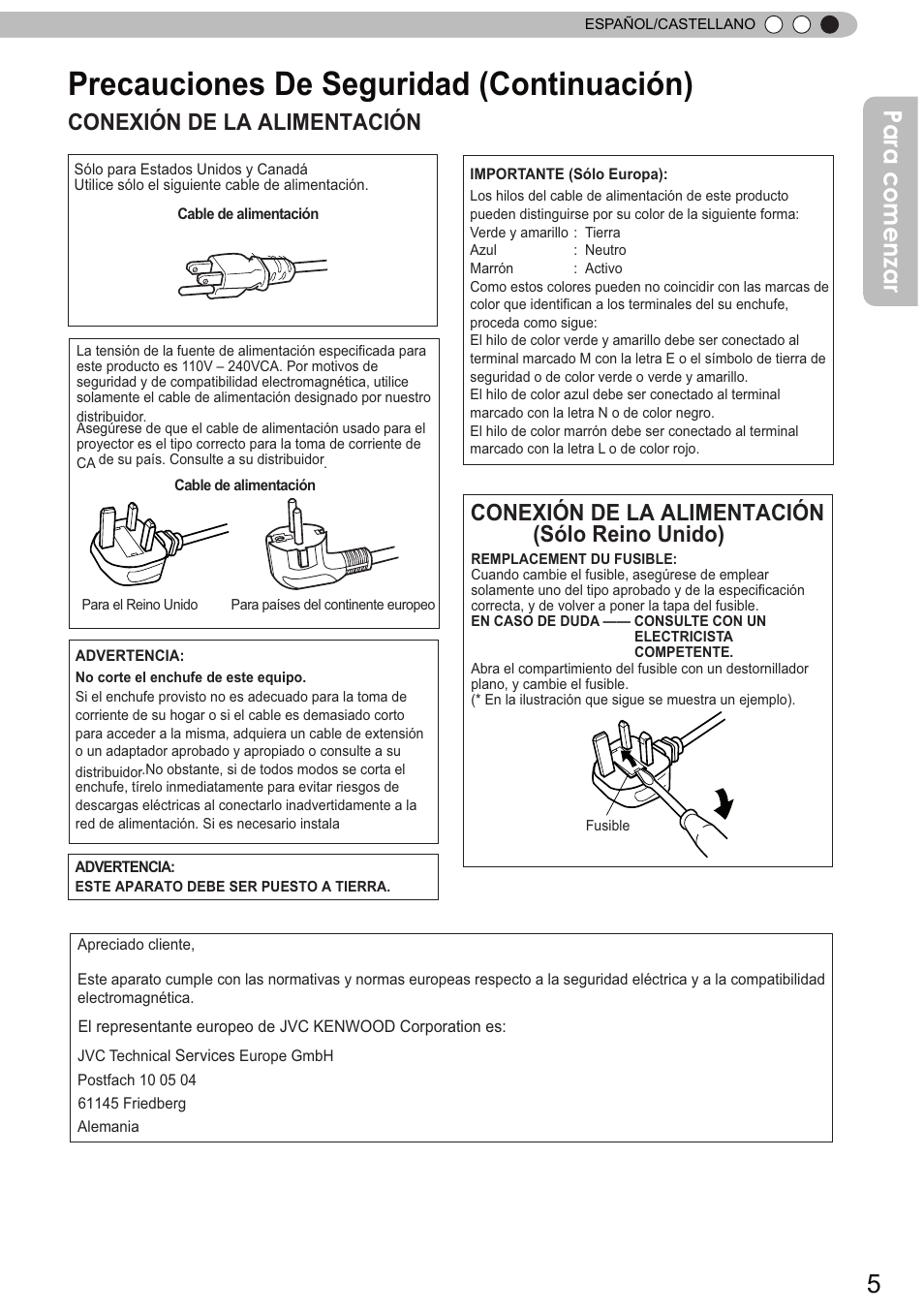 Precauciones de seguridad (continuación), Para comenzar, Conexión de la alimentación | Conexión de la alimentación (sólo reino unido) | JVC DLA-X90 User Manual | Page 197 / 288