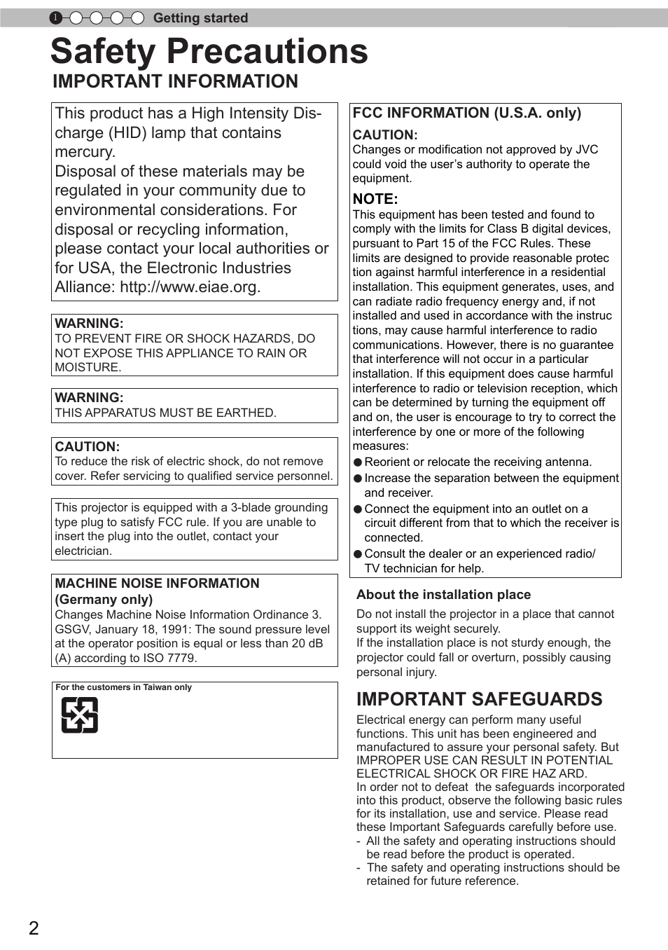 Safety precautions, Important information, Important safeguards | JVC DLA-X90 User Manual | Page 2 / 288