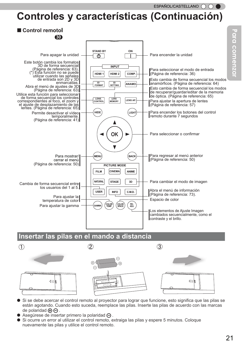 Controles y características (continuación), Insertar las pilas en el mando a distancia, Para comenzar | Control remoto | JVC DLA-X90 User Manual | Page 213 / 288