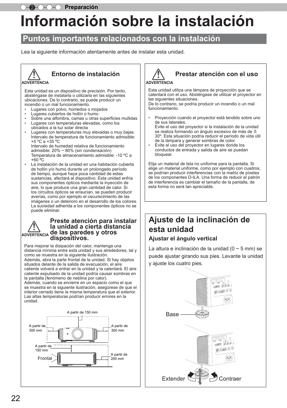 Información sobre la instalación, Puntos importantes relacionados con la instalación, Ajuste de la inclinación de esta unidad | Preparación 2, Ajustar el ángulo vertical, Extender contraer, Base | JVC DLA-X90 User Manual | Page 214 / 288