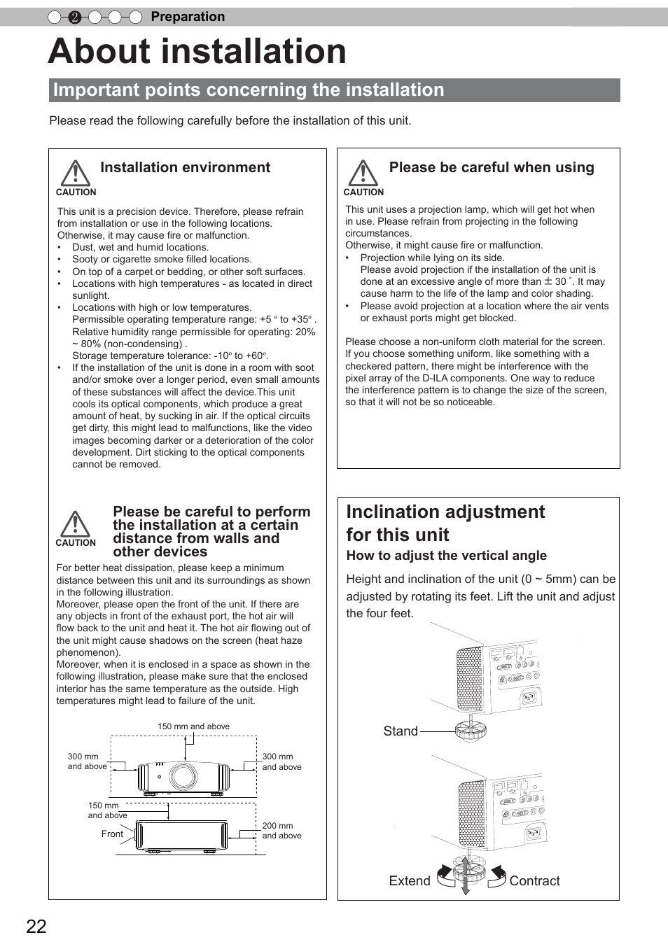 About installation, Important points concerning the installation, Inclination adjustment for this unit | JVC DLA-X90 User Manual | Page 22 / 288