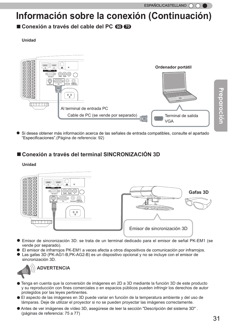 Información sobre la conexión (continuación), Preparación, Conexión a través del cable del pc | Conexión a través del terminal sincronización 3d, Emisor de sincronización 3d gafas 3d advertencia, Unidad | JVC DLA-X90 User Manual | Page 223 / 288