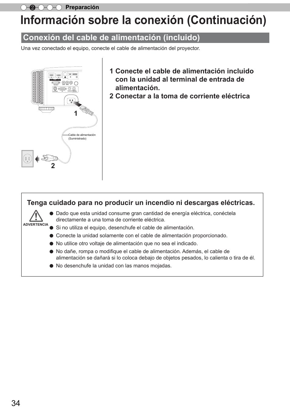 Información sobre la conexión (continuación), Conexión del cable de alimentación (incluido), Preparación 2 | No desenchufe la unidad con las manos mojadas | JVC DLA-X90 User Manual | Page 226 / 288