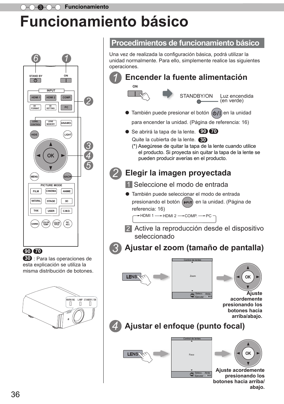 Funcionamiento básico, Procedimientos de funcionamiento básico, Encender la fuente alimentación | Elegir la imagen proyectada, Ajustar el zoom (tamaño de pantalla), Ajustar el enfoque (punto focal), Seleccione el modo de entrada, Funcionamiento 3 | JVC DLA-X90 User Manual | Page 228 / 288