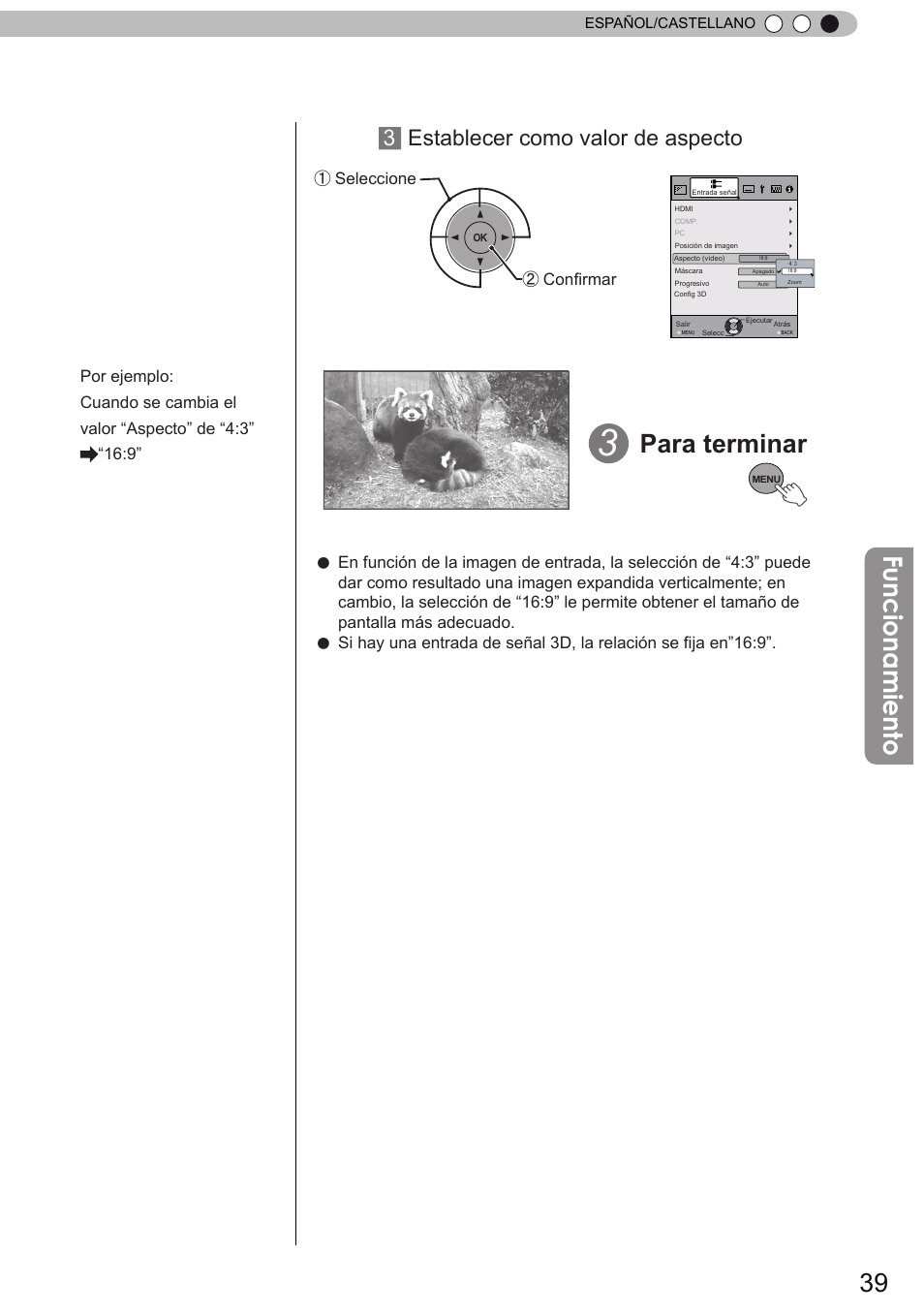 Funcionamiento, Para terminar, 3establecer como valor de aspecto | JVC DLA-X90 User Manual | Page 231 / 288
