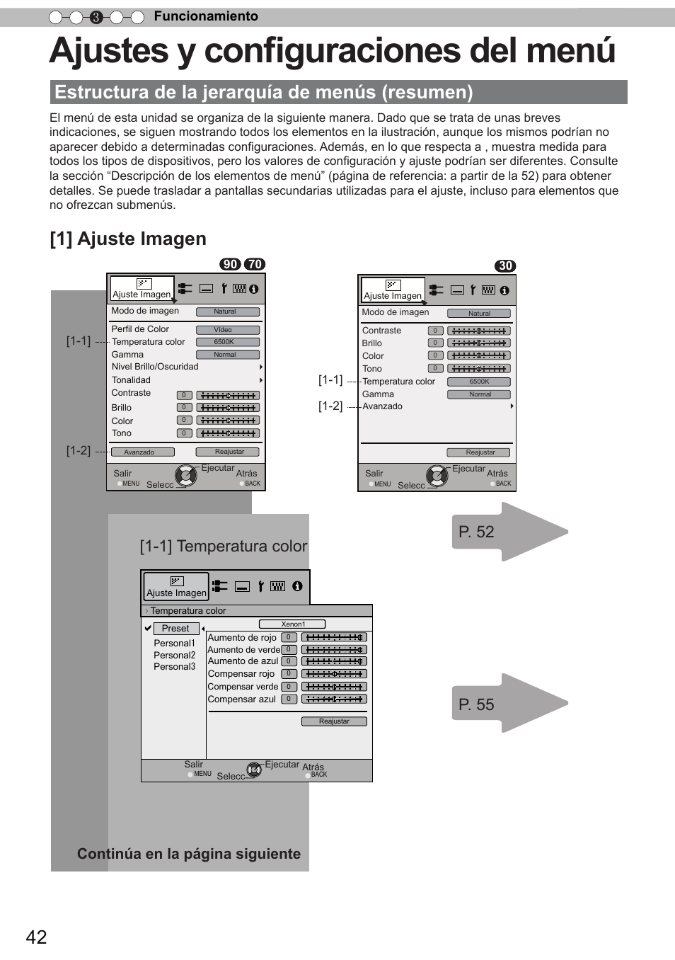 Ajustes y configuraciones del menú, 1] temperatura color p. 52, P. 55 | Continúa en la página siguiente, Funcionamiento 3 | JVC DLA-X90 User Manual | Page 234 / 288