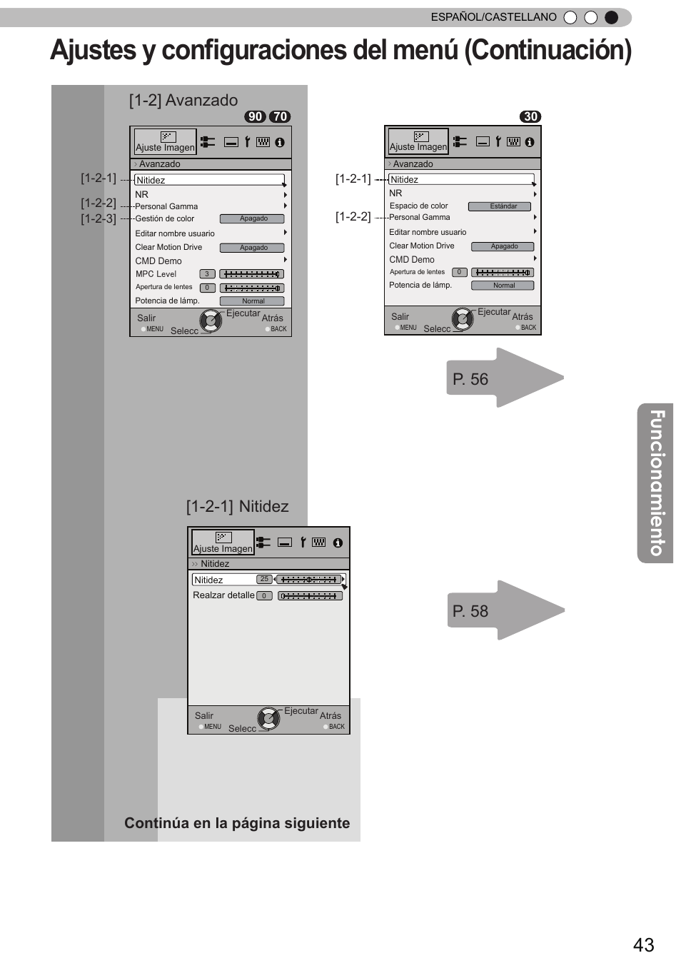 Ajustes y configuraciones del menú (continuación), Funcionamiento, 2] avanzado | P. 56 p. 58, 2-1] nitidez, Continúa en la página siguiente | JVC DLA-X90 User Manual | Page 235 / 288
