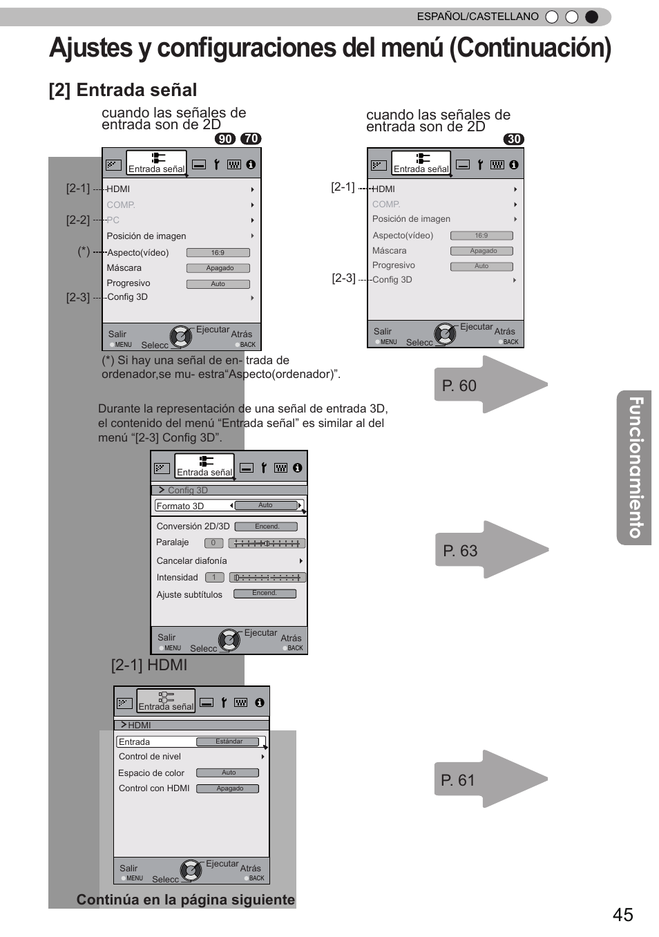 Ajustes y configuraciones del menú (continuación), Funcionamiento, 2] entrada señal | P. 60 p. 63, 1] hdmi p. 61, Cuando las señales de entrada son de 2d | JVC DLA-X90 User Manual | Page 237 / 288