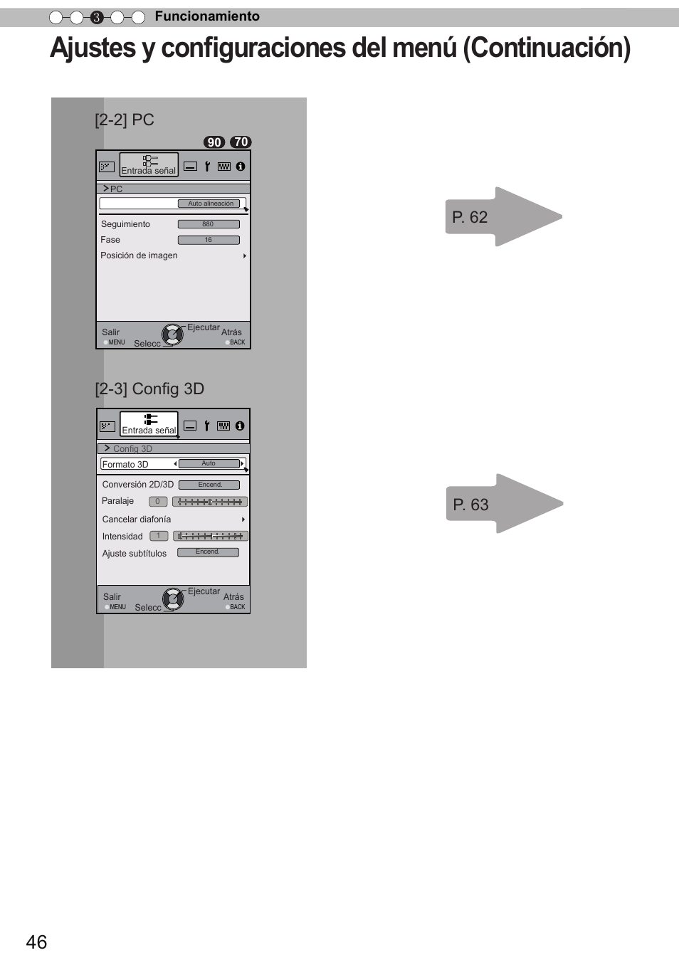 Ajustes y configuraciones del menú (continuación), P. 62 p. 63, 3] config 3d [2-2] pc | Funcionamiento 3 | JVC DLA-X90 User Manual | Page 238 / 288