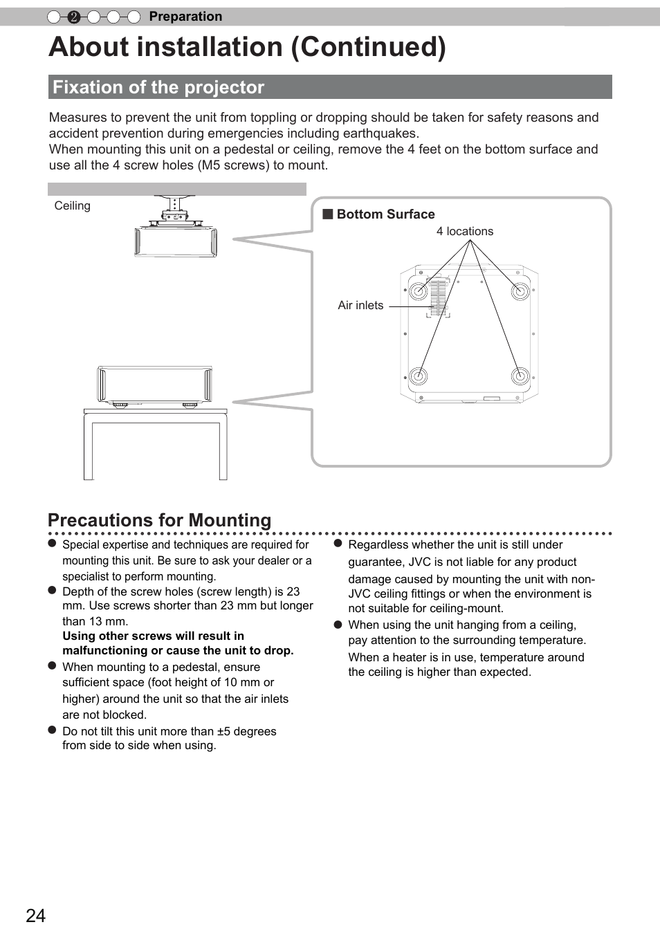 About installation (continued), Fixation of the projector, Precautions for mounting | JVC DLA-X90 User Manual | Page 24 / 288