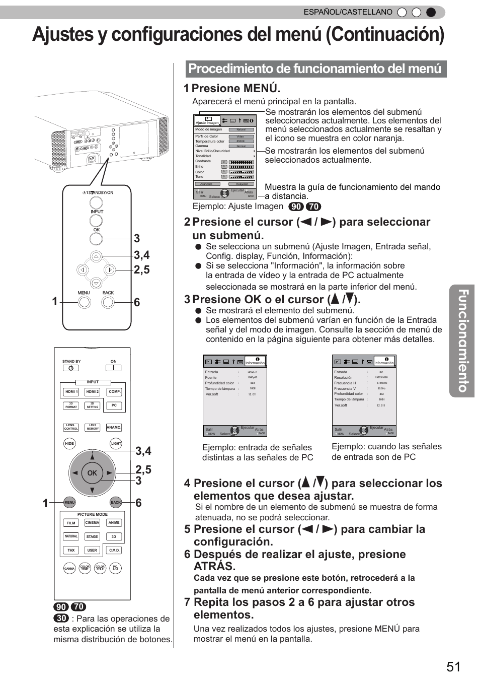 Ajustes y configuraciones del menú (continuación), Funcionamiento, Procedimiento de funcionamiento del menú | 1 presione menú, 3 presione ok o el cursor ( / ), Se mostrará el elemento del submenú, Español/castellano | JVC DLA-X90 User Manual | Page 243 / 288