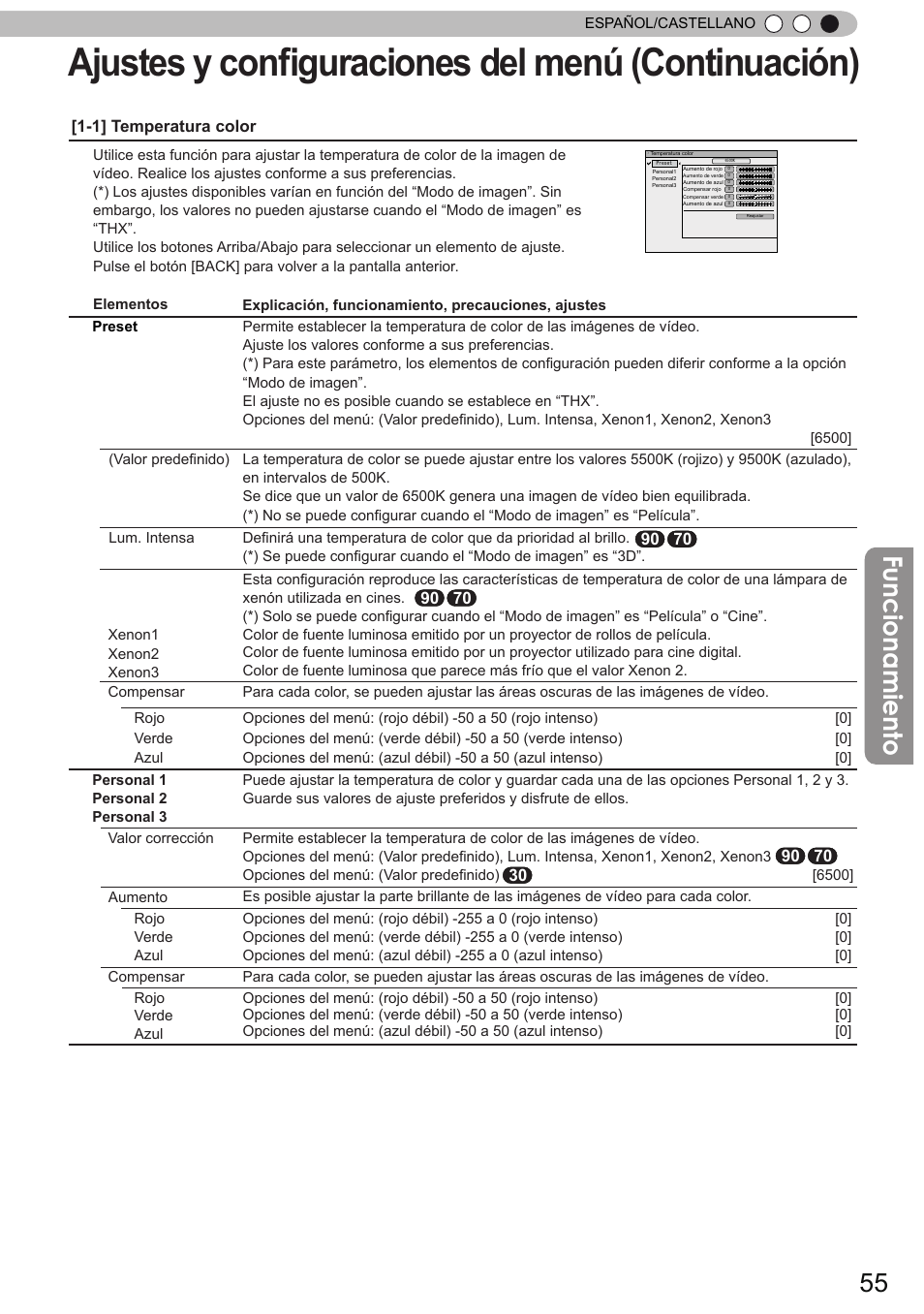 Ajustes y configuraciones del menú (continuación), Funcionamiento | JVC DLA-X90 User Manual | Page 247 / 288