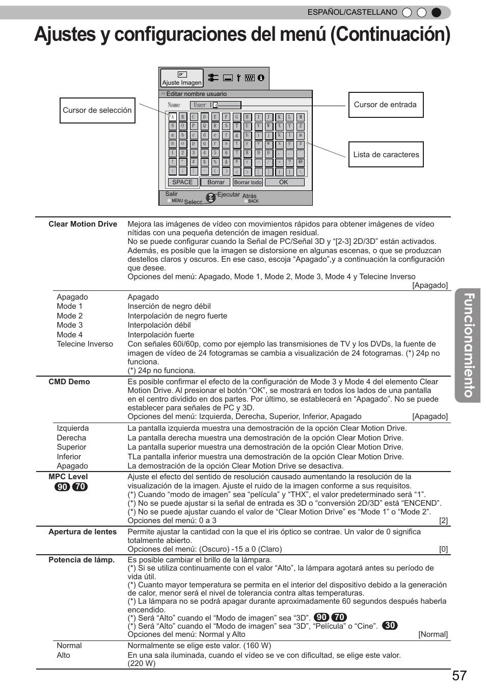 Ajustes y configuraciones del menú (continuación), Funcionamiento | JVC DLA-X90 User Manual | Page 249 / 288