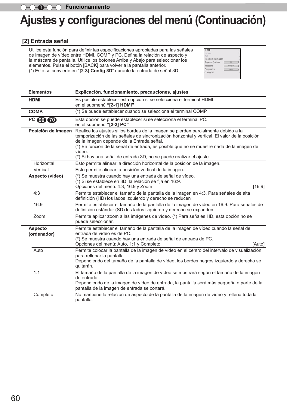 Ajustes y configuraciones del menú (continuación), Funcionamiento 3, 2] entrada señal | JVC DLA-X90 User Manual | Page 252 / 288