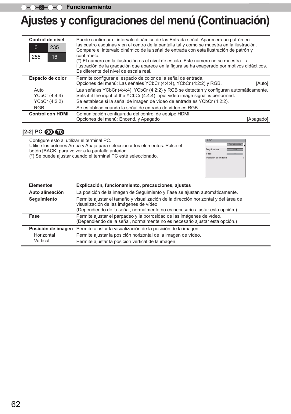 Ajustes y configuraciones del menú (continuación), Funcionamiento 3 | JVC DLA-X90 User Manual | Page 254 / 288