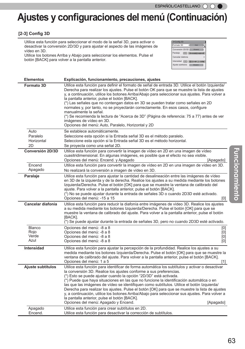 Ajustes y configuraciones del menú (continuación), Funcionamiento | JVC DLA-X90 User Manual | Page 255 / 288