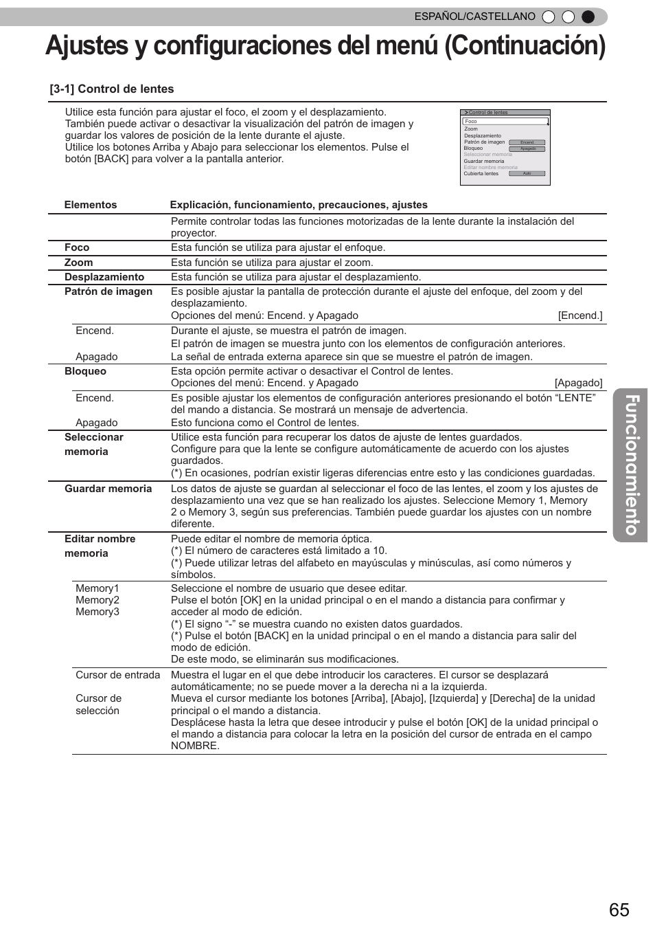 Ajustes y configuraciones del menú (continuación), Funcionamiento | JVC DLA-X90 User Manual | Page 257 / 288