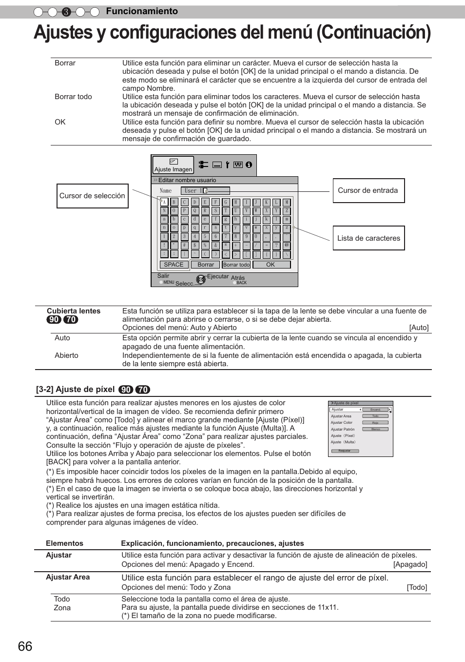 Ajustes y configuraciones del menú (continuación), Funcionamiento 3, 2] ajuste de píxel | JVC DLA-X90 User Manual | Page 258 / 288