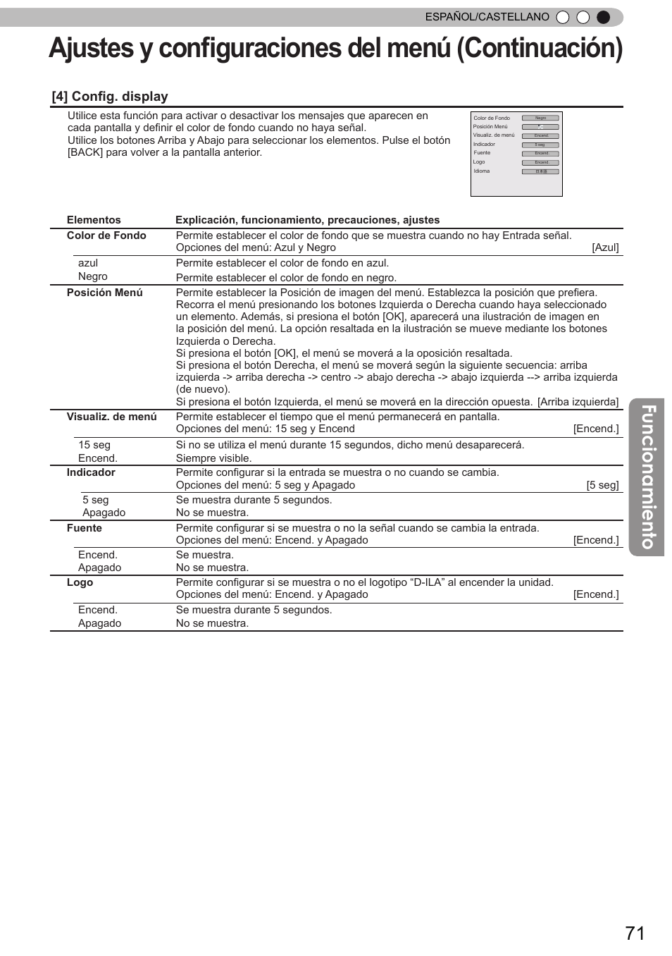 Ajustes y configuraciones del menú (continuación), Funcionamiento, 4] config. display | JVC DLA-X90 User Manual | Page 263 / 288