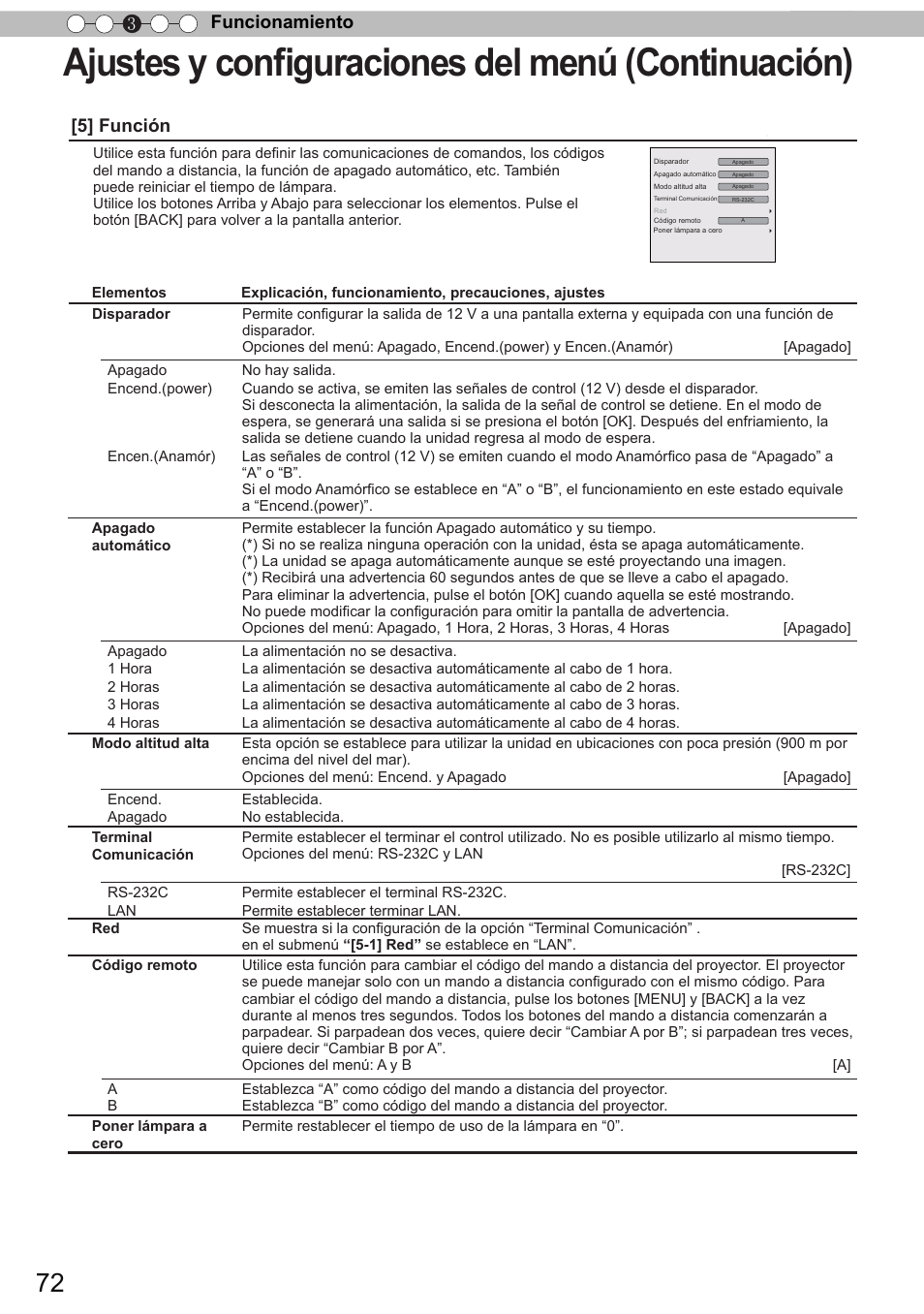 Ajustes y configuraciones del menú (continuación), Funcionamiento 3, 5] función | JVC DLA-X90 User Manual | Page 264 / 288