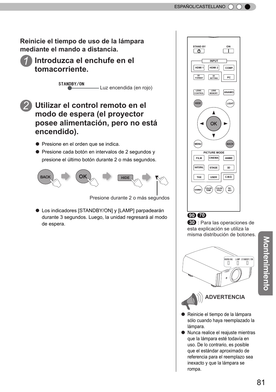 Man te nim ie nto, Introduzca el enchufe en el tomacorriente, Advertencia | JVC DLA-X90 User Manual | Page 273 / 288