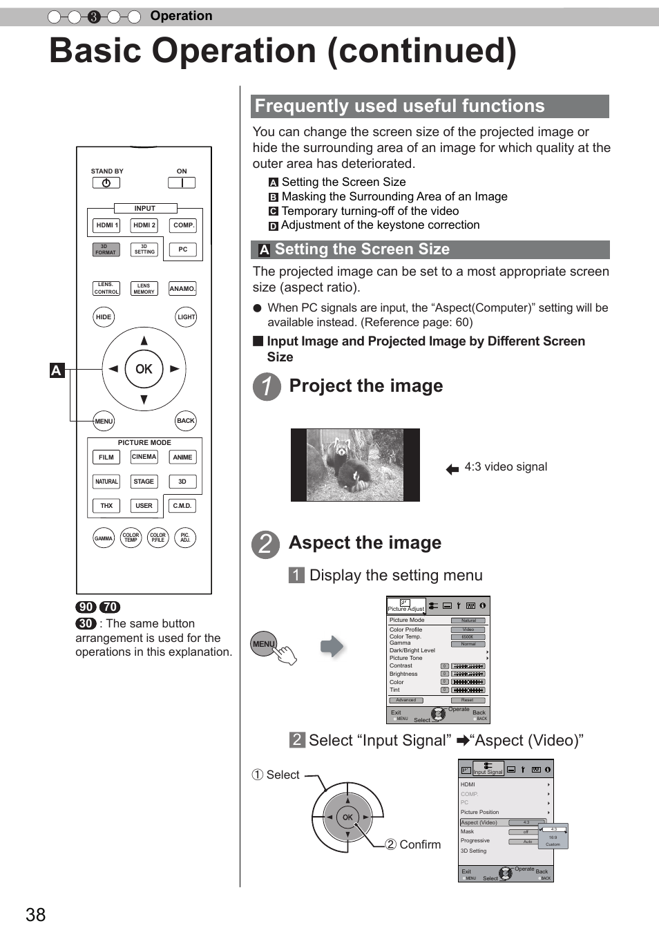 Basic operation (continued), Frequently used useful functions, Project the image | Aspect the image, Setting the screen size, 1 display the setting menu, Select “input signal” “aspect (video), Operation 3, 3 video signal, Select ② confirm | JVC DLA-X90 User Manual | Page 38 / 288