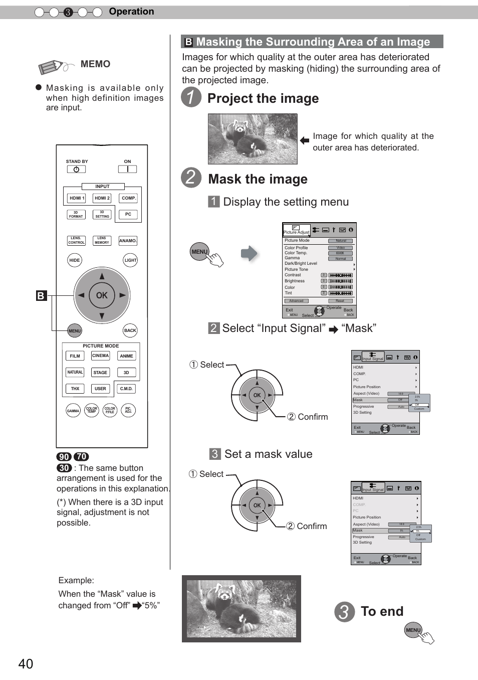 Mask the image, Project the image, 1 display the setting menu 2 | Select “input signal” “mask, 3set a mask value, Masking the surrounding area of an image, Confirm, Select ② confirm, Select | JVC DLA-X90 User Manual | Page 40 / 288