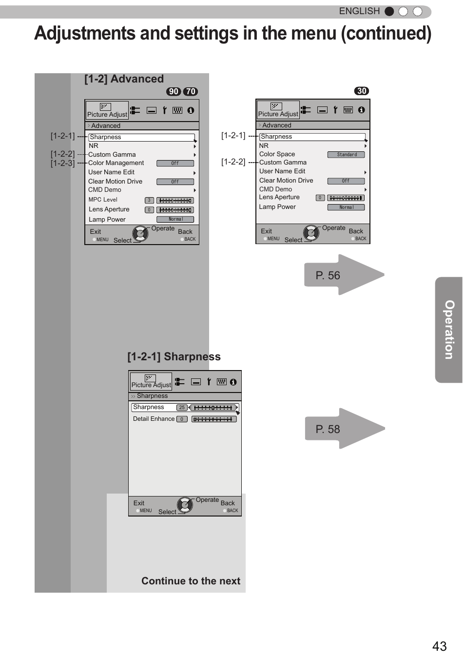 Adjustments and settings in the menu (continued), Operation, 2] advanced | P. 56 p. 58, 2-1] sharpness, Continue to the next, English | JVC DLA-X90 User Manual | Page 43 / 288