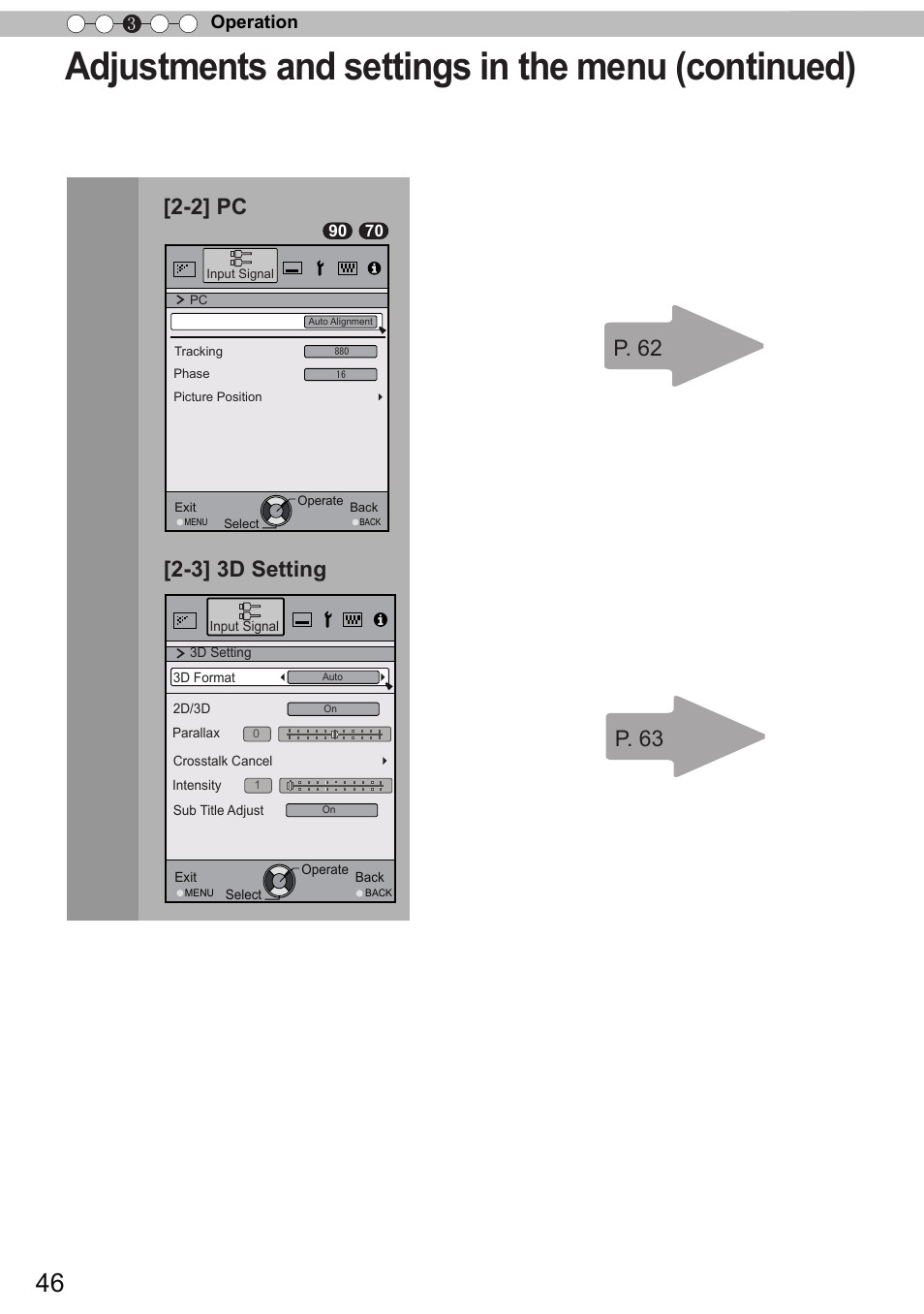 Adjustments and settings in the menu (continued), Operation 3 | JVC DLA-X90 User Manual | Page 46 / 288