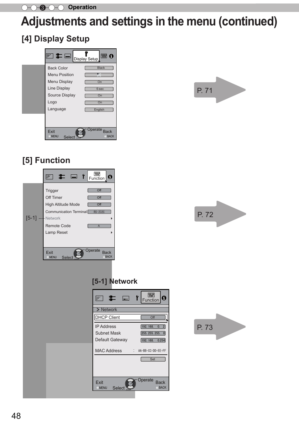 Adjustments and settings in the menu (continued), 4] display setup [5] function, 1] network | Operation 3 | JVC DLA-X90 User Manual | Page 48 / 288