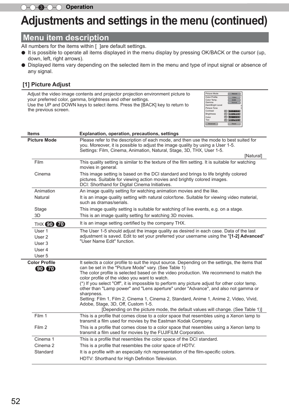 Adjustments and settings in the menu (continued), Menu item description, Operation 3 | 1] picture adjust | JVC DLA-X90 User Manual | Page 52 / 288