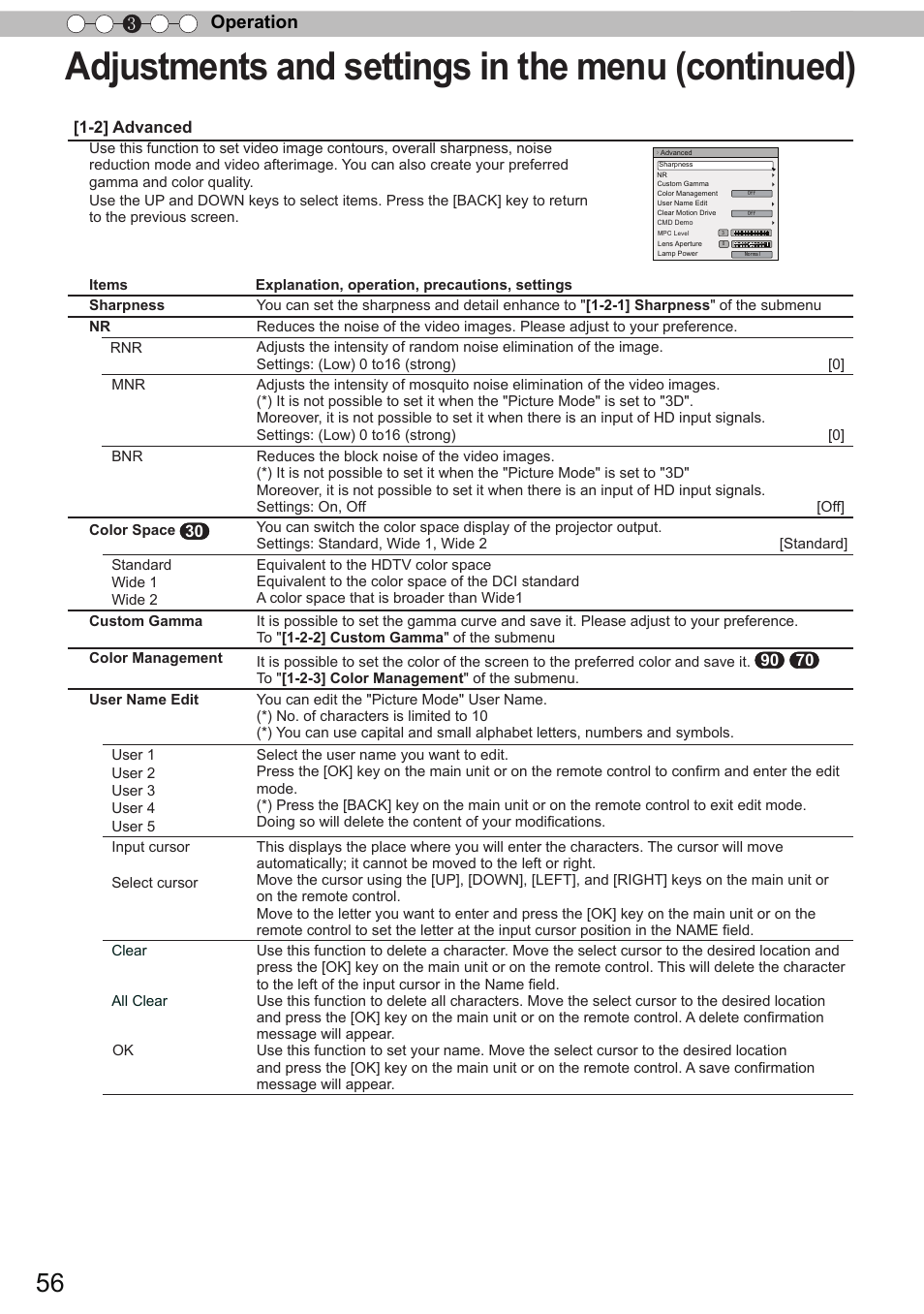 Adjustments and settings in the menu (continued), Operation 3 | JVC DLA-X90 User Manual | Page 56 / 288