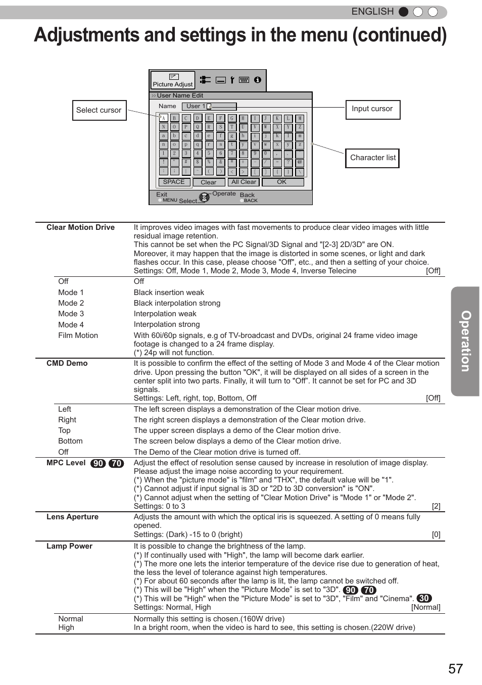 Adjustments and settings in the menu (continued), Operation, English | X7 30 | JVC DLA-X90 User Manual | Page 57 / 288