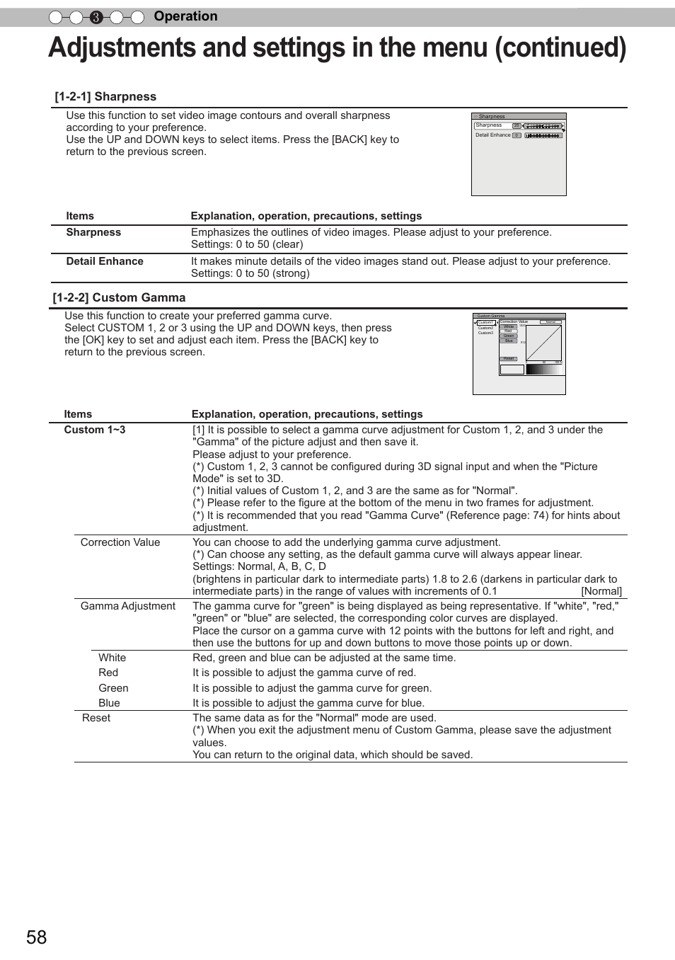 Adjustments and settings in the menu (continued), Operation 3, 2-2] custom gamma | 2-1] sharpness | JVC DLA-X90 User Manual | Page 58 / 288