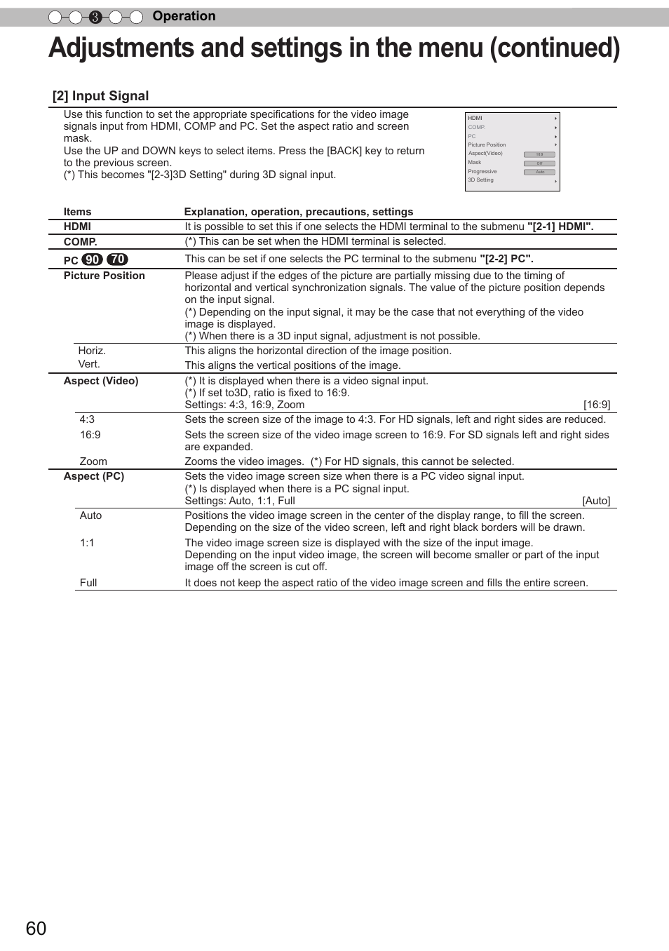 Adjustments and settings in the menu (continued), Operation 3, 2] input signal | JVC DLA-X90 User Manual | Page 60 / 288