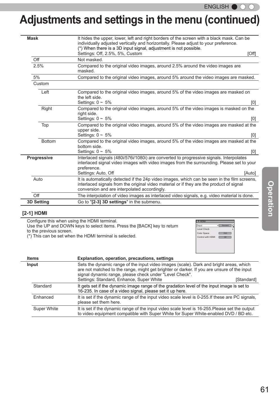 Adjustments and settings in the menu (continued), Operation, English | JVC DLA-X90 User Manual | Page 61 / 288