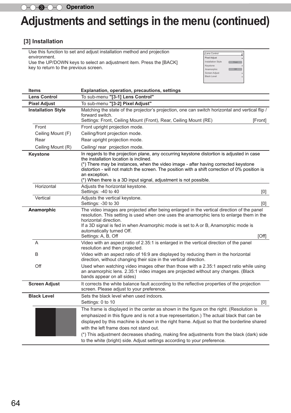 Adjustments and settings in the menu (continued), Operation 3, 3] installation | JVC DLA-X90 User Manual | Page 64 / 288