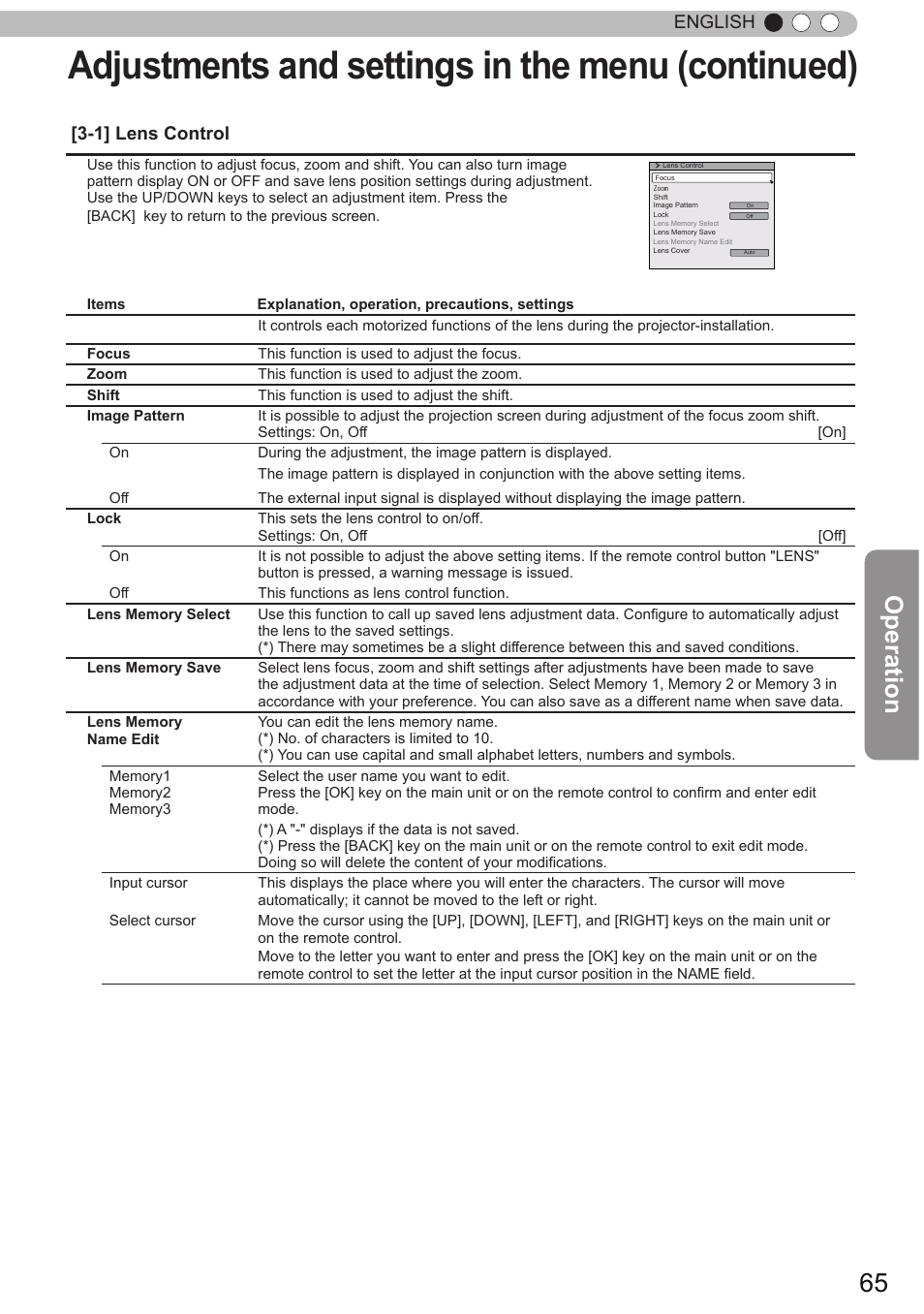 Adjustments and settings in the menu (continued), Operation, English [3-1] lens control | JVC DLA-X90 User Manual | Page 65 / 288
