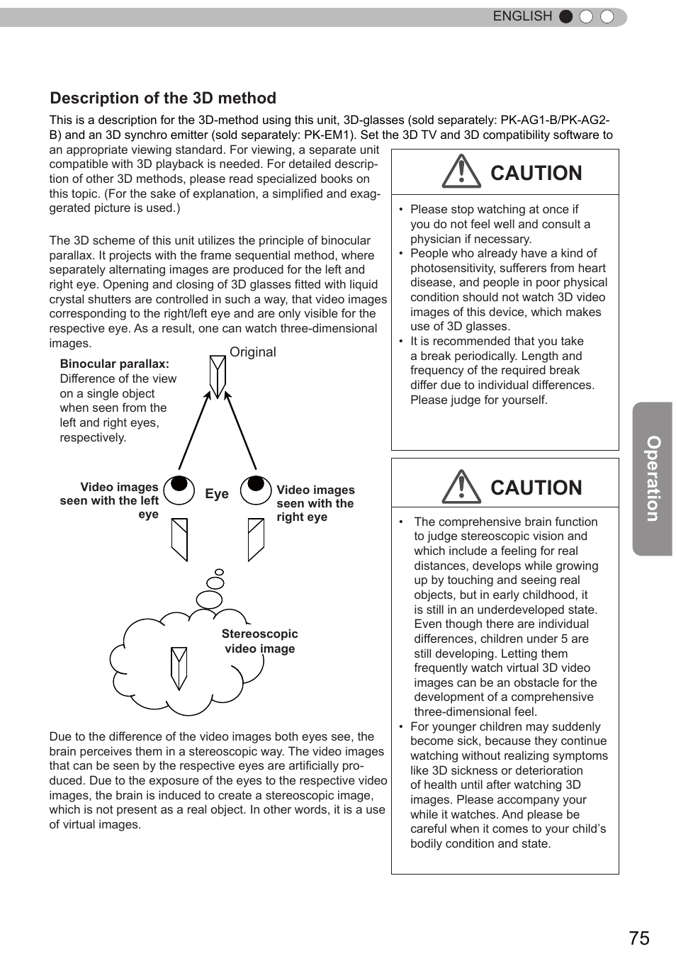 Caution, Operation, 立体映像 | Description of the 3d method | JVC DLA-X90 User Manual | Page 75 / 288