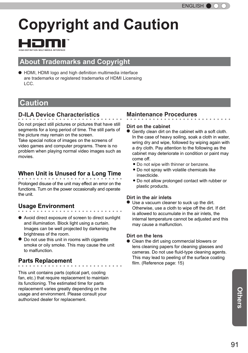 Copyright and caution, Caution, About trademarks and copyright | Others, D-ila device characteristics, When unit is unused for a long time, Usage environment, Parts replacement, Maintenance procedures | JVC DLA-X90 User Manual | Page 91 / 288